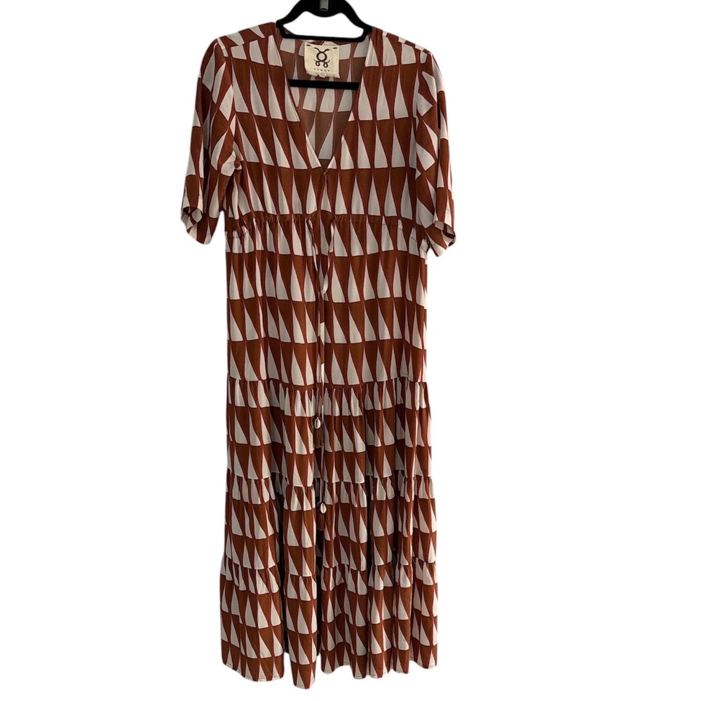 Figue Women 100% Silk Geometric Triangle Tiered Maxi Dress Terracotta XS